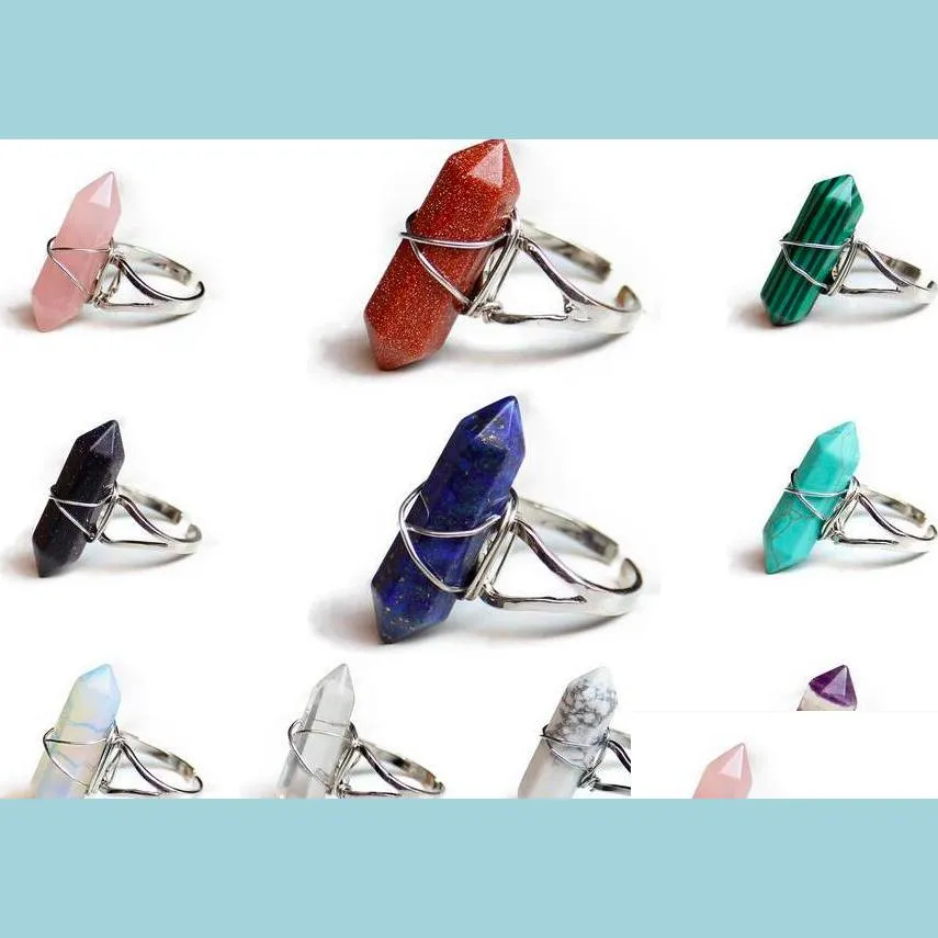  hexagonal prism rings gemstone rock natural crystal quartz healing point chakra stone charms opening rings for women men