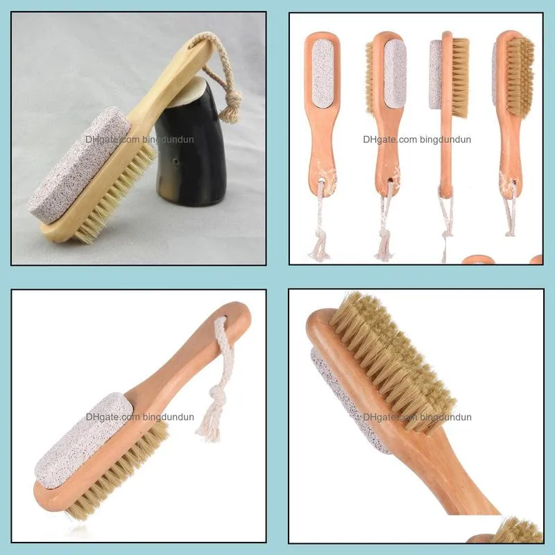 2 in 1 cleaning brushes natural body or foot exfoliating spa brush double side with nature pumice stone soft bristle brush sn3623