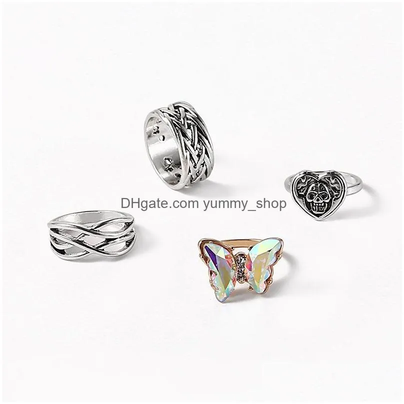 fashion jewelry knuckle ring set silver crystal rhinestone butterfly skull heart hollowed geometric stacking rings midi rings sets