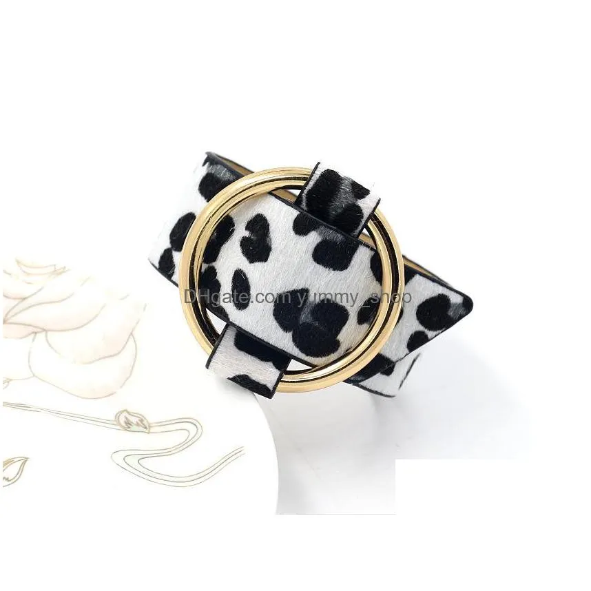 fashion jewelry circle leopard horsehair pu leather bracelet adjustable wide bracelet