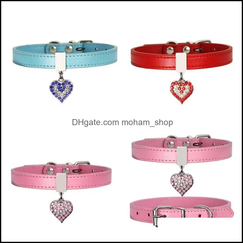 pet dog collar with diamond heart bell fashion pu leather pet dog cat collars small dog neck adjustable strap 39 p2