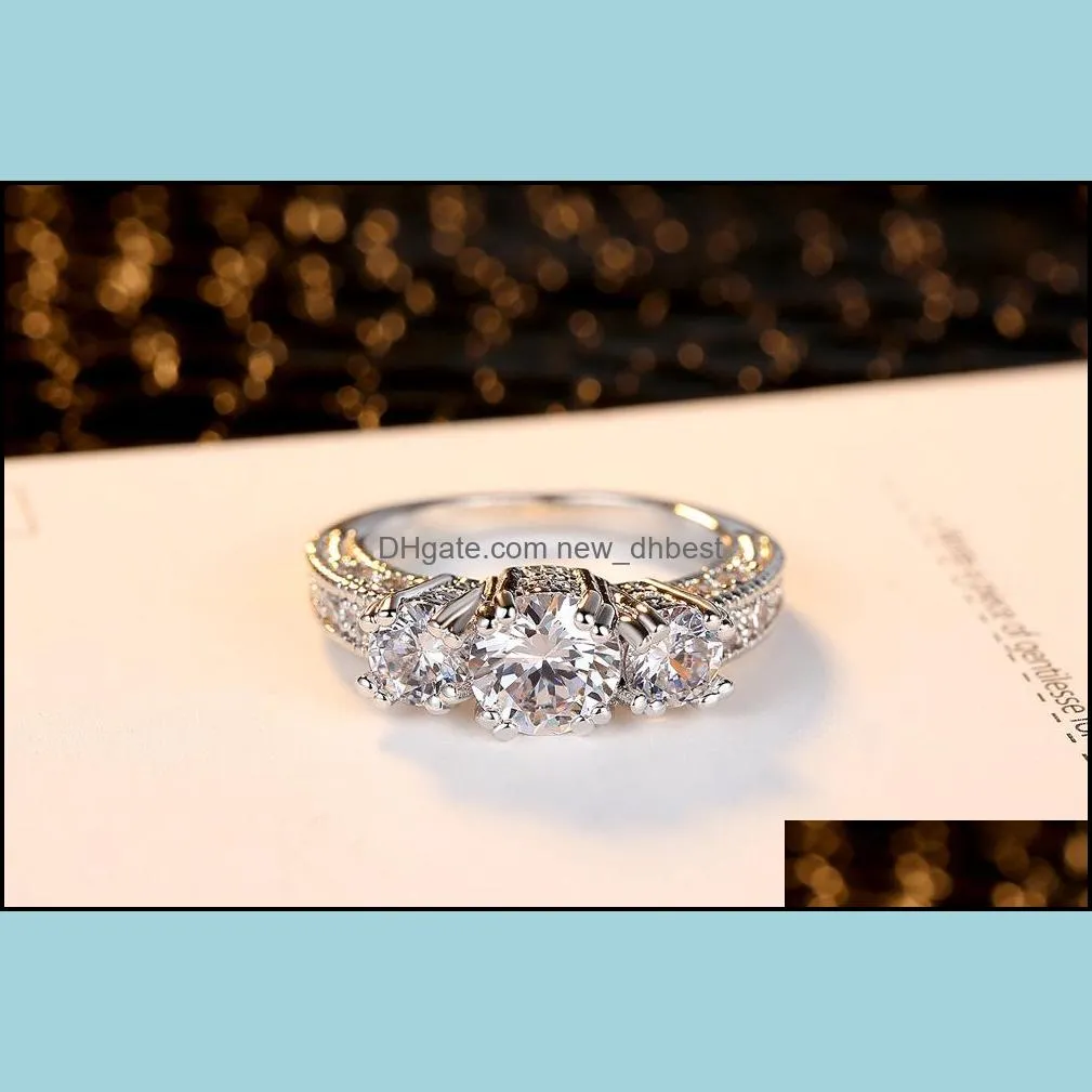 luxury cubic zirconia gemstone rings three cz stone gold silver plated wedding diamond ring for women ladies engagement jewelry