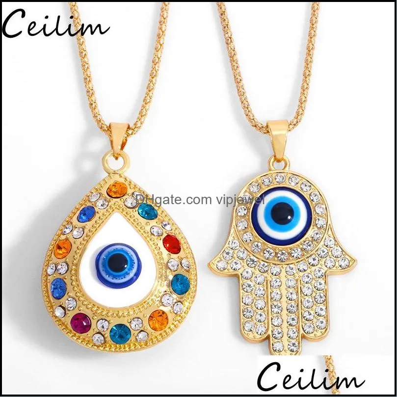 turkey evil blue eye necklace sweater chain jewelry crystal fatima hand pendant necklaces for women