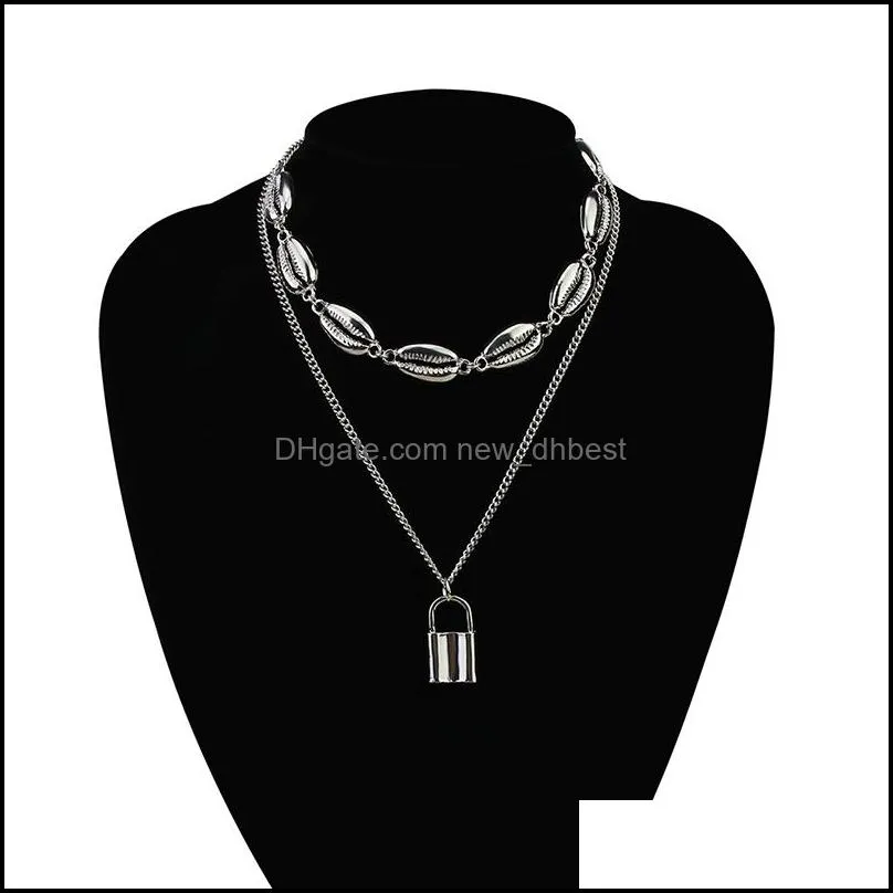 women sea shell choker multi layered necklaces for girls gold silver padlock lock pendant chains fashion bohemian jewelry gift