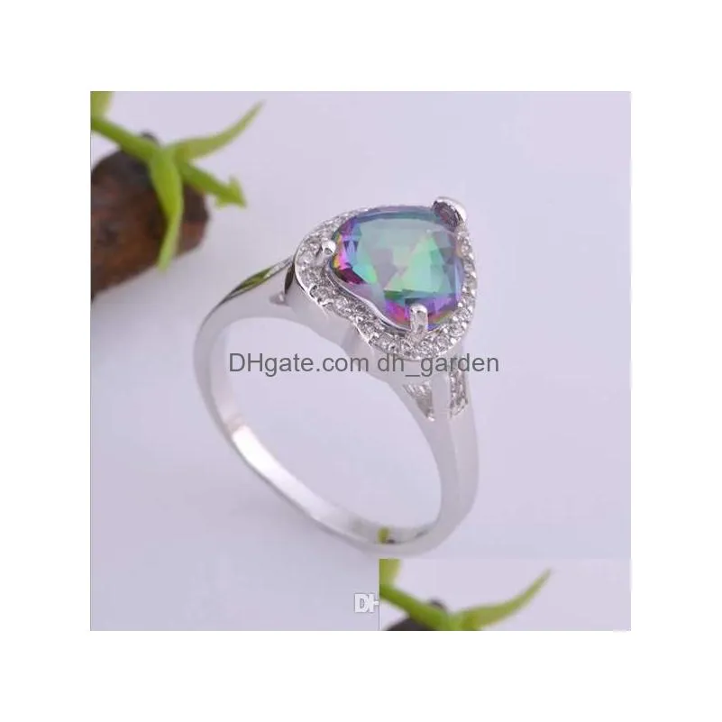 2018 jewelry cut heart shaped mystic rainbow topaz cubic zirconia platinum plated rings size 6 7 8 9 r0175