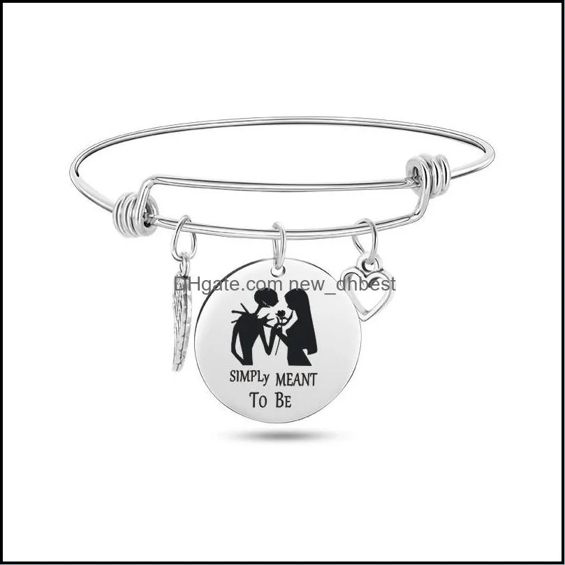 nightmare before christmas bracelets for women men skull round disc charm stainless steel expandable wire bangle fashion jewelry gift