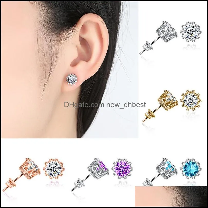 korean women cz crown stud earrings luxury silver gold clear purple blue cubic zirconia diamond ear rings for girl fashion jewelry