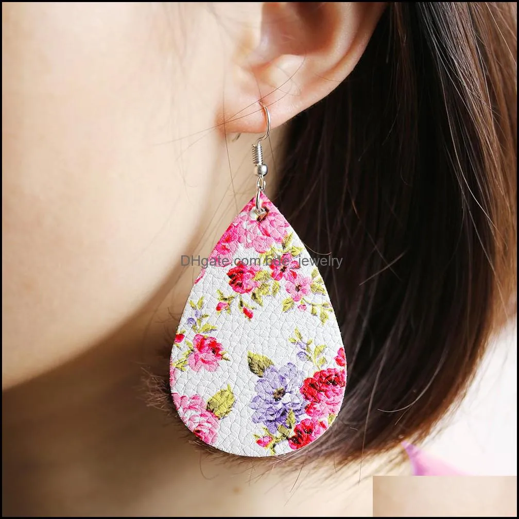 fashion printing rose flower teardrop leather earrings for women antique multicolors leather bohemia korean water drop earrings