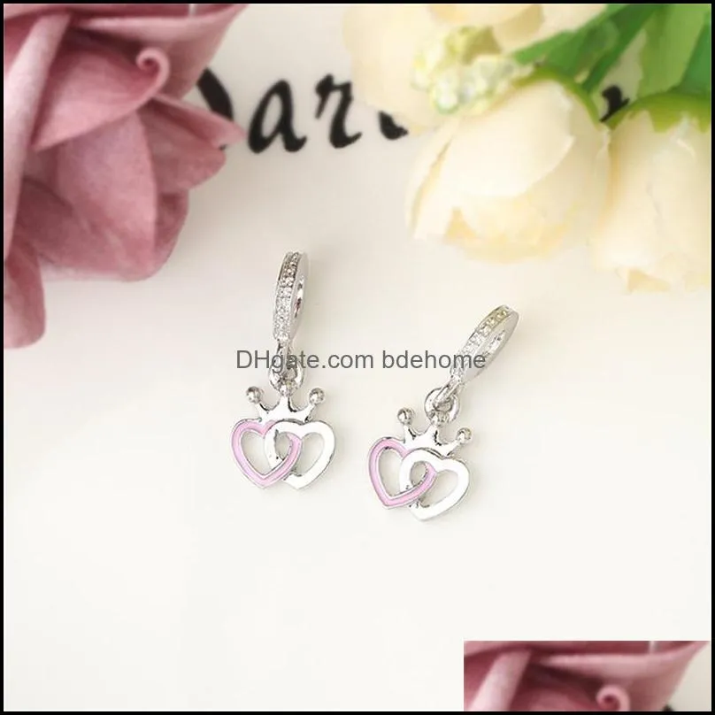 charm bracelet pink enamel double heart dangle silver enamel pendant loose beads dangle diy jewelry 2198 t2