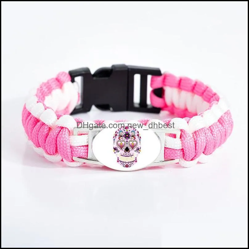 mexican sugar skull bracelets for women glass cabochon flower skeleton charm pink wristband fashion day of the dead jewelry gift