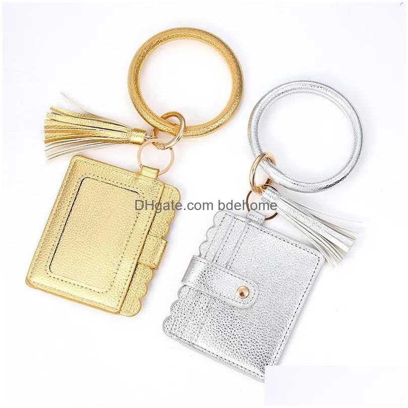 women girls pu leather bracelet key ring bangle keyring ring circle keychain wristlet keyrings jewelry with wallet card purse