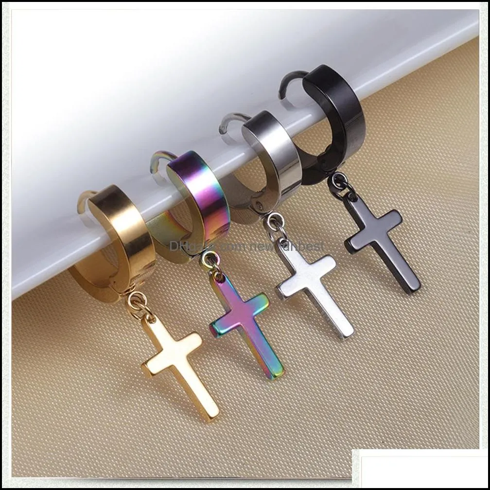 4 color punk stainless steel hypoallergenic cross dangle earrings men fake piercing clip on hoop drop earring for women fashion jewelry