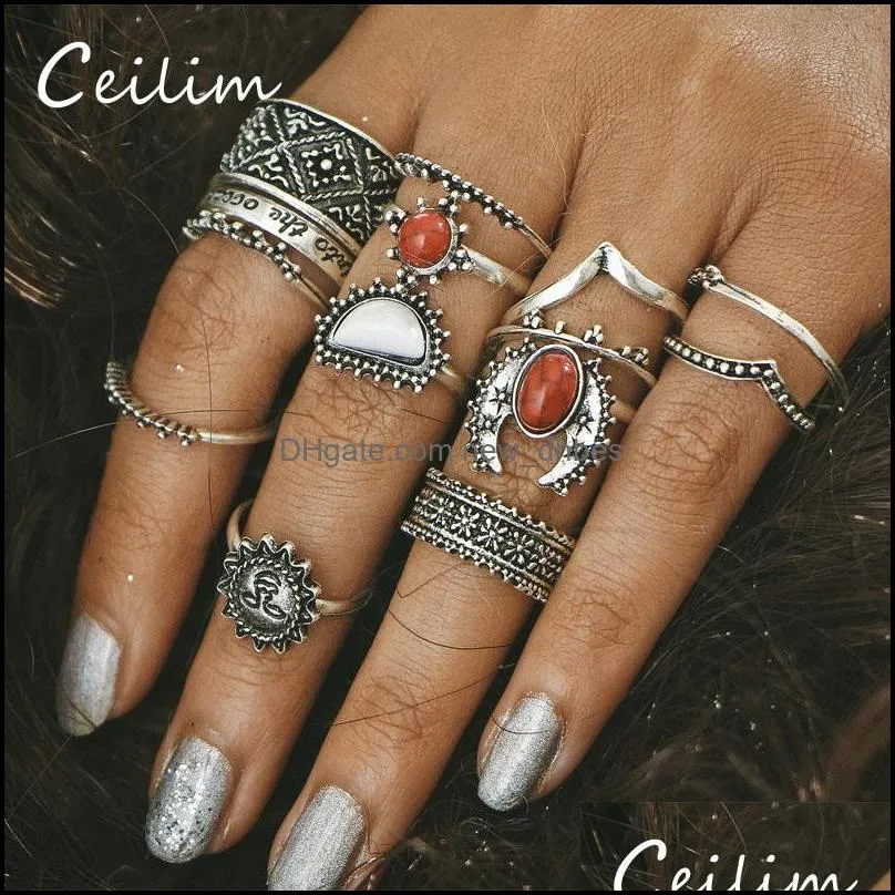 fashion jewelry joint ring set 14pcs/set engraved bohemian vintage punk antique silvercolor sun face finger rings for women wholesale