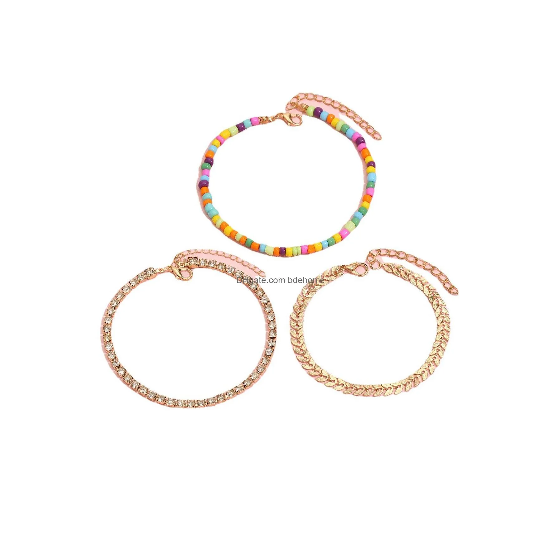 fashion jewelry vintage colorful beaded chain metal anklet set for woman rhinestone beads beach anklet 3pcs/set