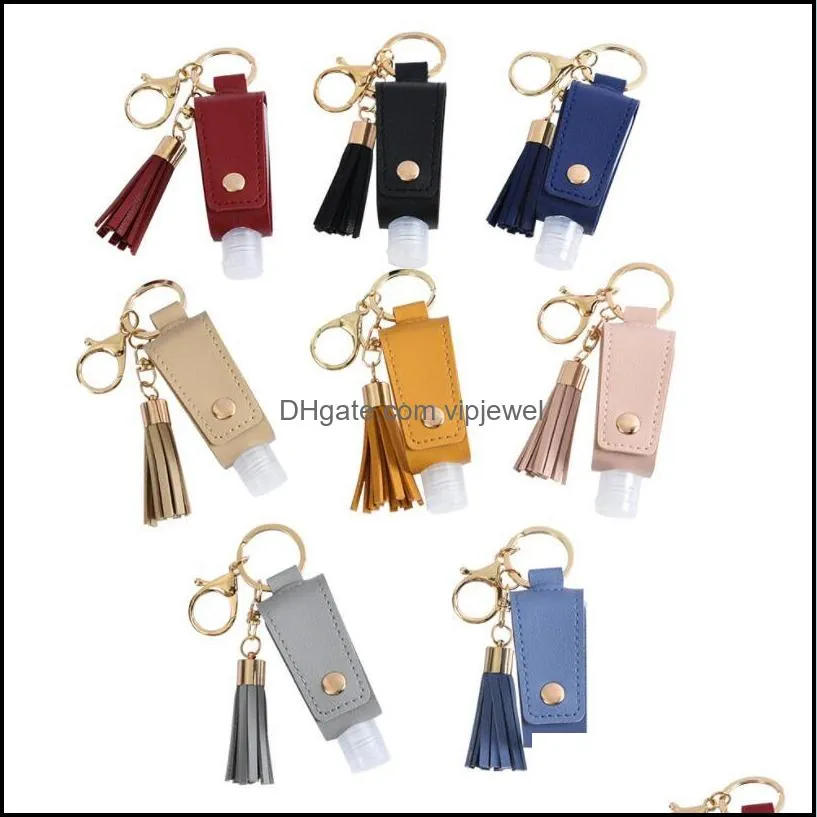 creative hand sanitizer pu protective leather case keychain disinfectant health tassel pendant refillable bottle containers 30ml