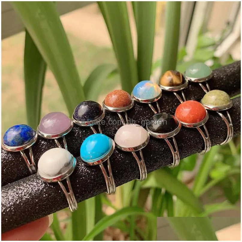 natural stone crystal rings chakra healing small round open adjustable amethyst lapis pink quartz women ring party wedding jewelry