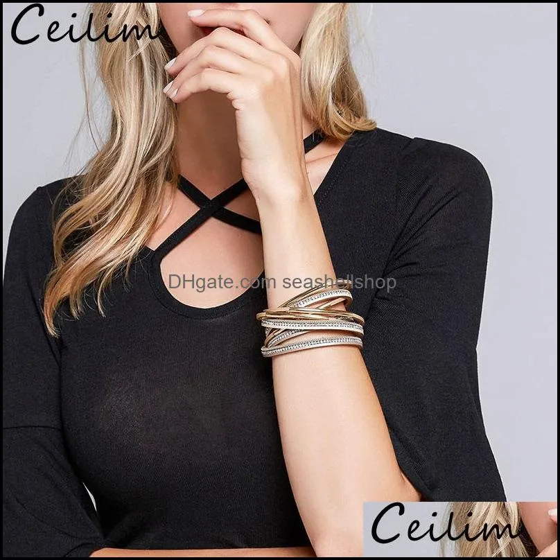 high quality leather bracelets for women 2019 bohemian crystal bracelet bangles elegant multilayer wrap wide magnet bracelet jewelry