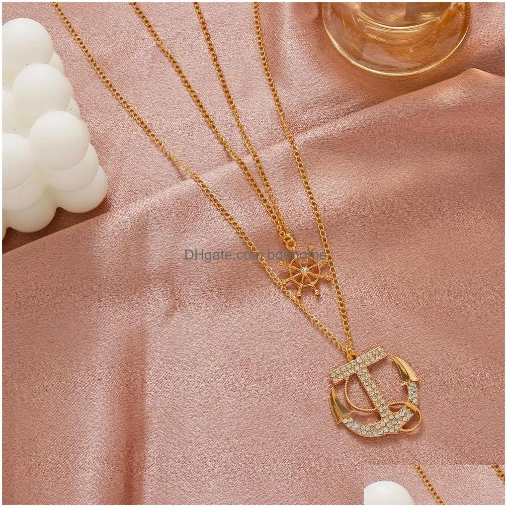fashion jewelry double layer anchor rhinstone pendant necklace choker sweater chain necklaces