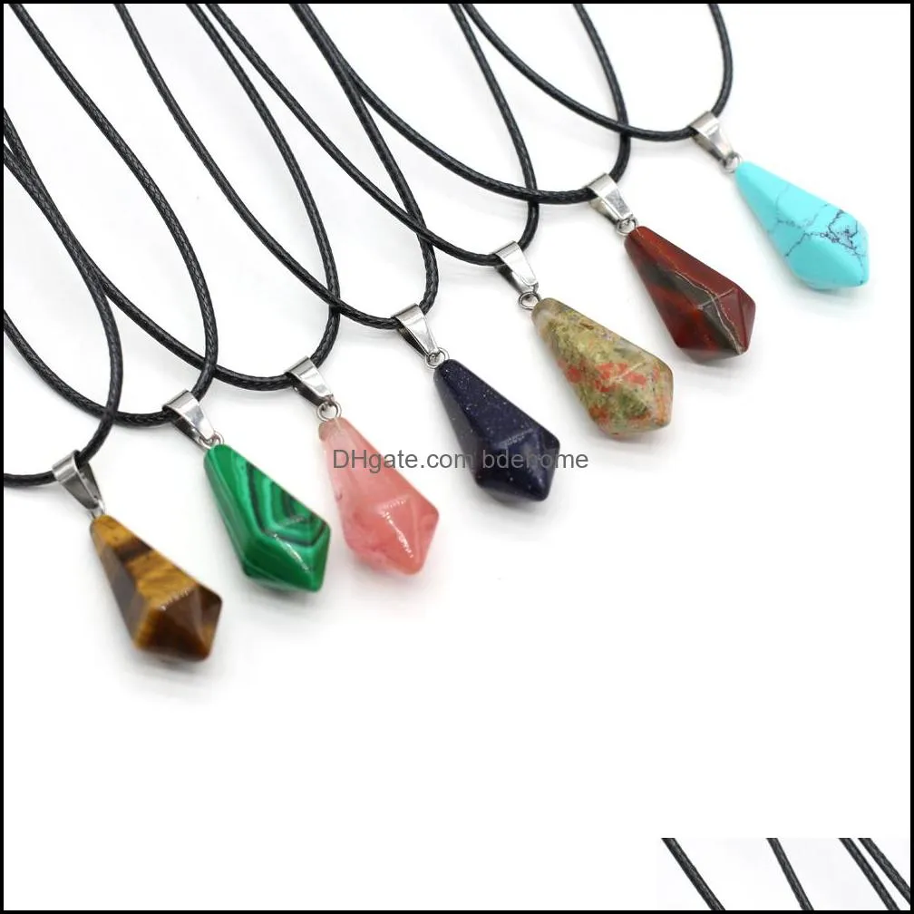 natural stone tiger eye stone turquoise opal pendant necklaces for women reiki heal crystal pendulum charms leather rope necklace