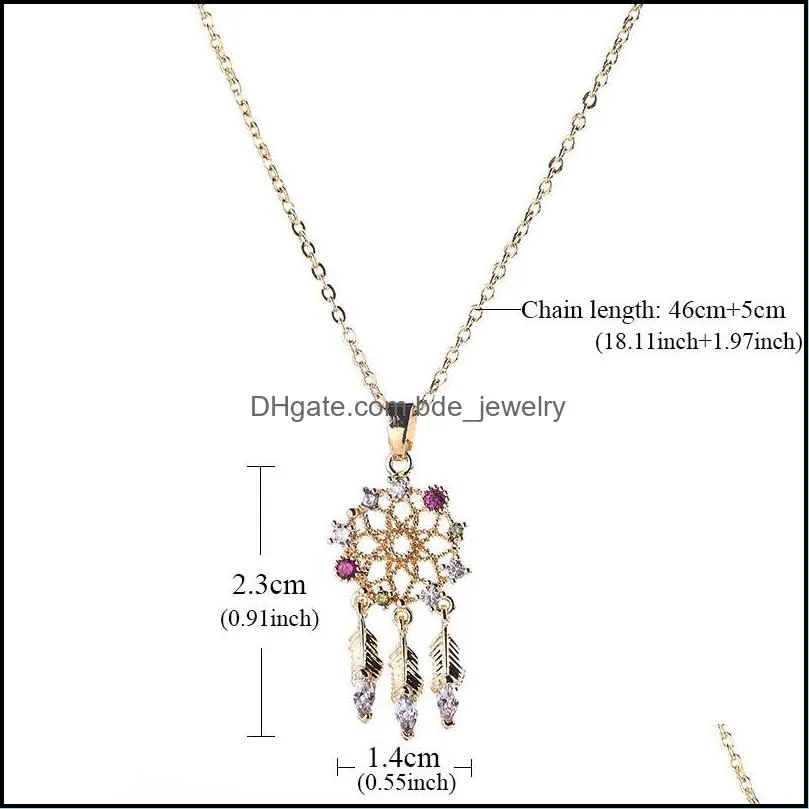 fashion dream catcher pendant necklace for women lady high quality colorful zircon feather charm necklace jewelry 2019