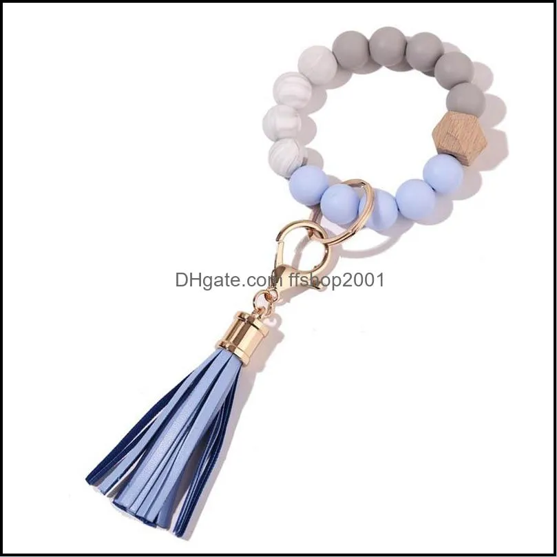 summer silicone elastic wooded beads key rings bracelet charm tassel pendant keychain wristlet bracelets bangle q264fz