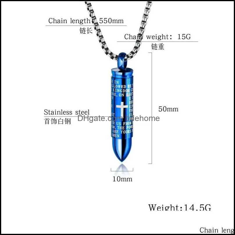 bullet pendant necklace for men engraved cross lord bible prayer necklace stainless steel necklace mens jewelry cremation ashes urn