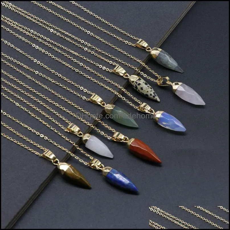 natural stone rose quartz lapis lazuli opal bullet pendant cut face plated gilt necklace for women jewelry