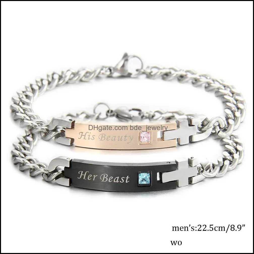 arrival stainless steel his beauty her breast tag charm bracelet crystal inlayed adjustable size couple bracelet valentines day gift