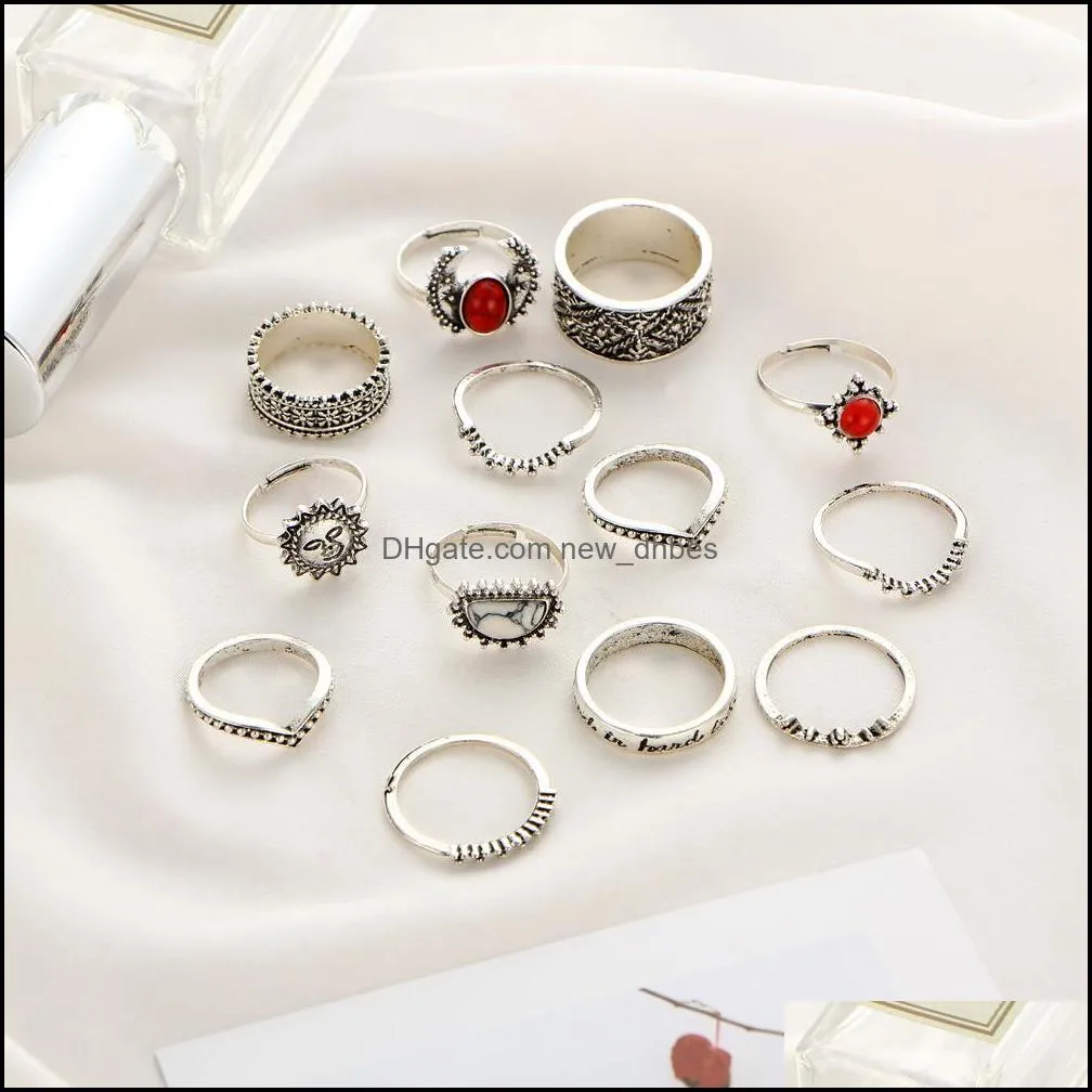 fashion jewelry joint ring set 14pcs/set engraved bohemian vintage punk antique silvercolor sun face finger rings for women wholesale