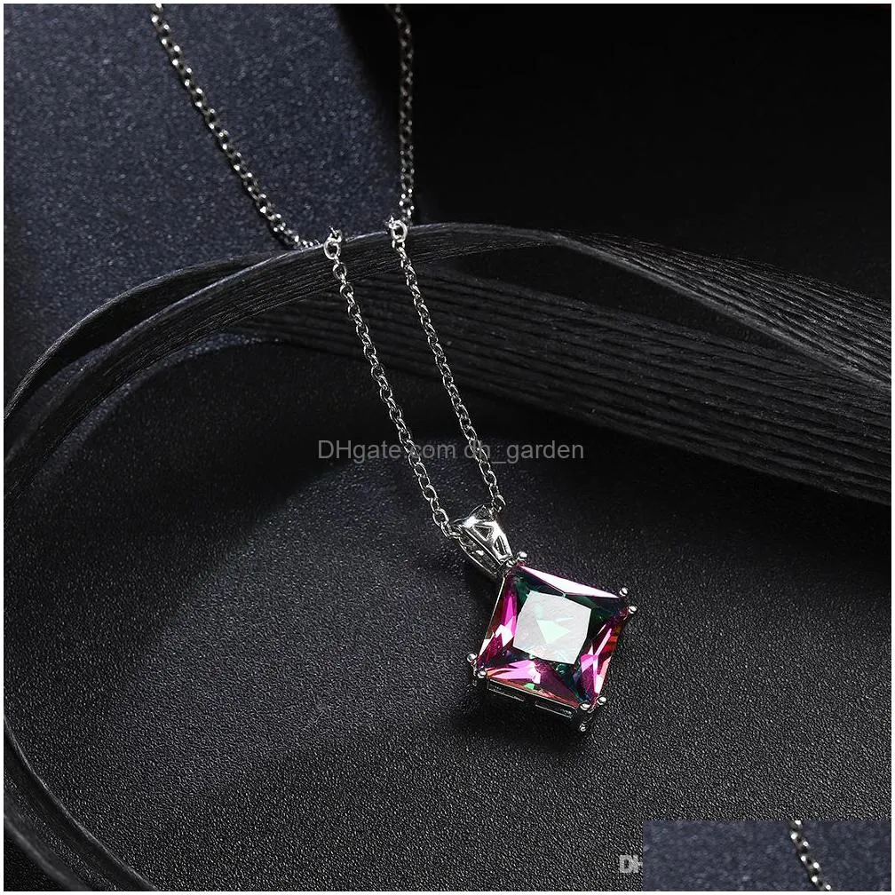 luckyshine women square rainbow natural mystic topaz gems silver necklace party holiday jewelry gift