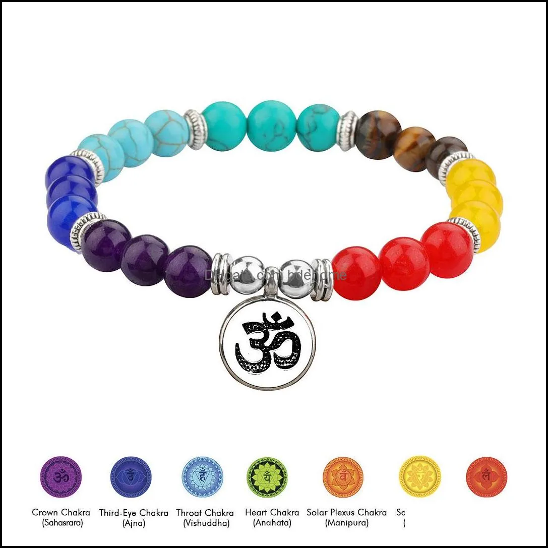 7 chakra stone beaded bracelets om pendant stretch strand bracelet for men women yoga charm jewelry