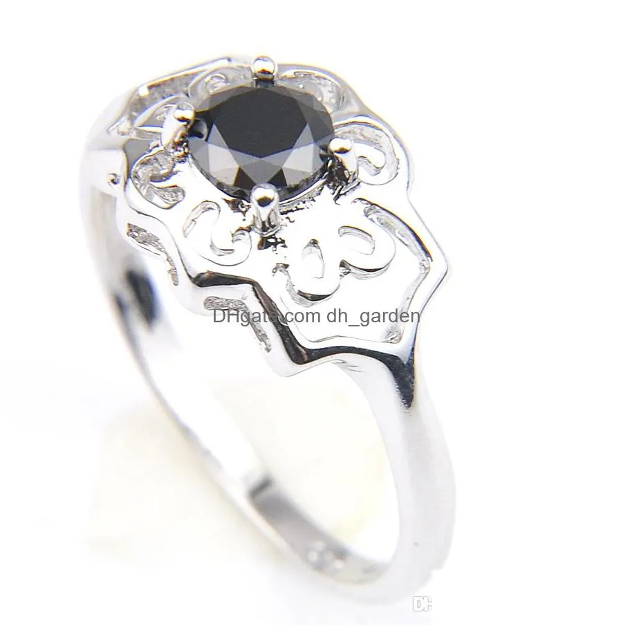 fashion exquisite ring black onyx gems flower shape silver crystal zircon wedding engagemeta ring jewelry for womens 10 pcs 