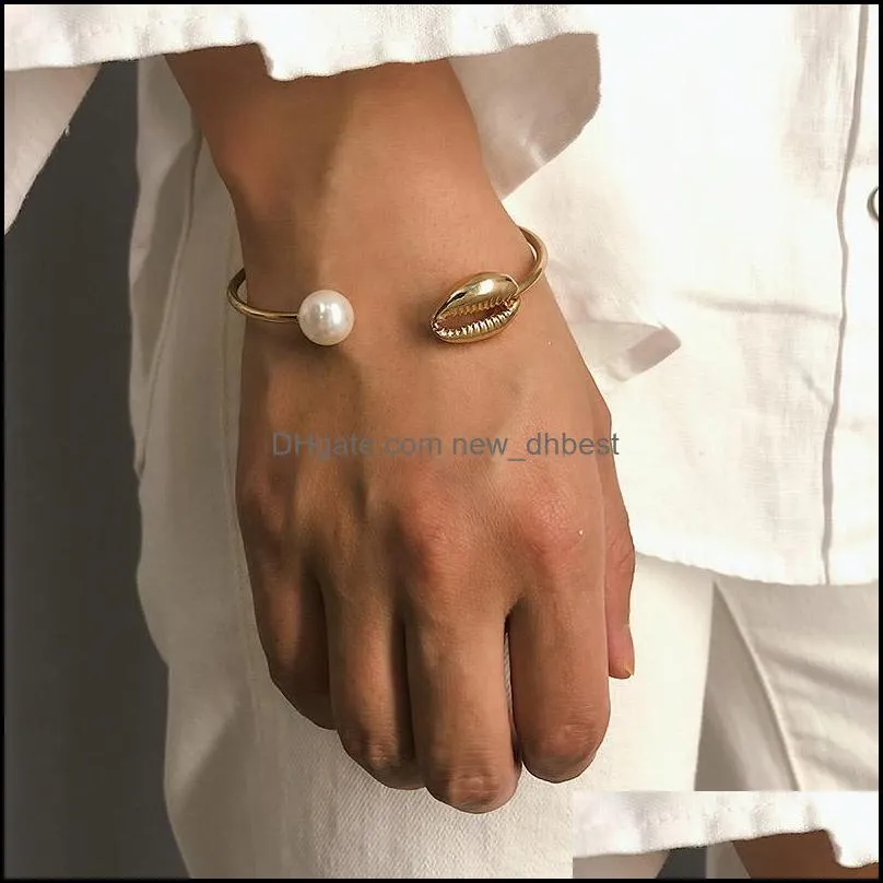 fashion pearl shell hand cuff bangle for women simple gold wire open bracelet geometric boho jewelry gift