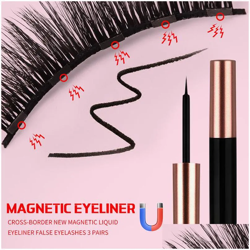 3 pairs magnetic eyelashes eyeliner and tweezer set false eyelash tapared crisscross thick winged natural long wholesale makeup mink