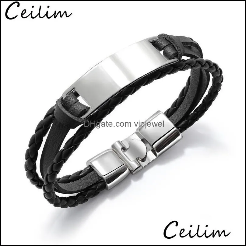 personalized engraved chain bracelets for men women stainless steel tag layered genuine leather bangle braided black bracelet hand