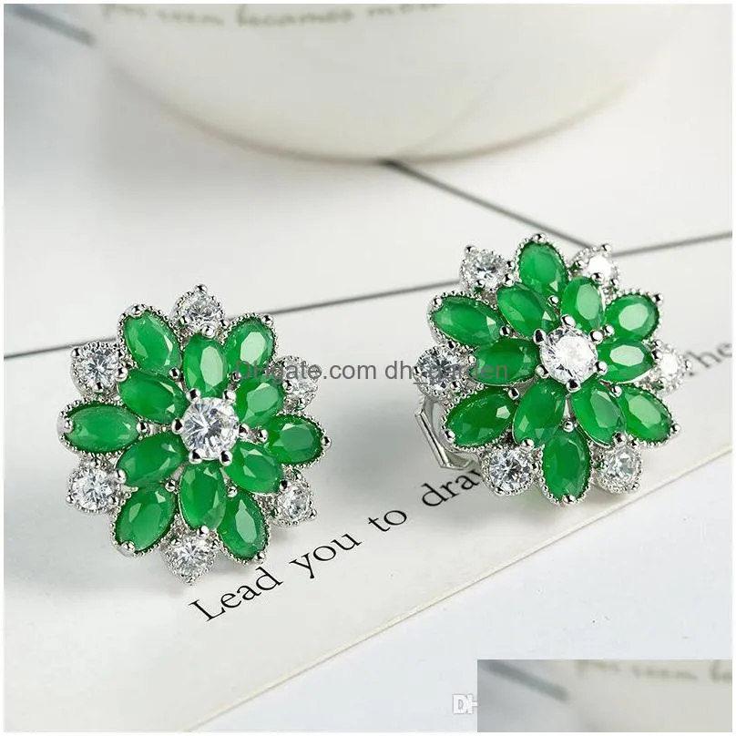 luckyshine trendy women ear clip colorful cubic zirconia cz flower 4 color 925 sterling silver plated earrings 3 pair/lot 