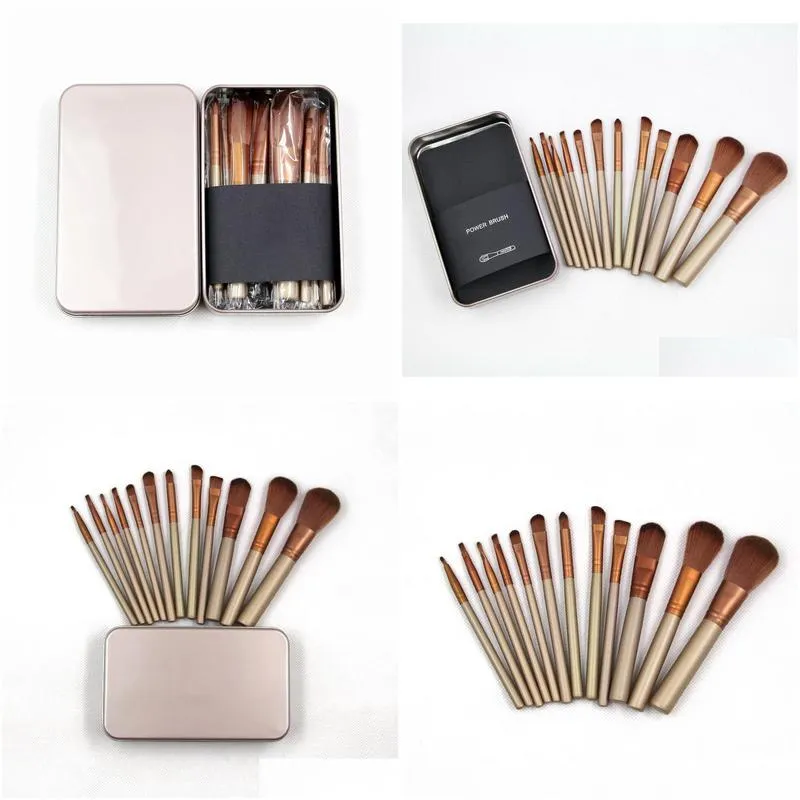 12 pc makeup brush set gold metal box rod full wooden handle high grade professional make up brushes kit