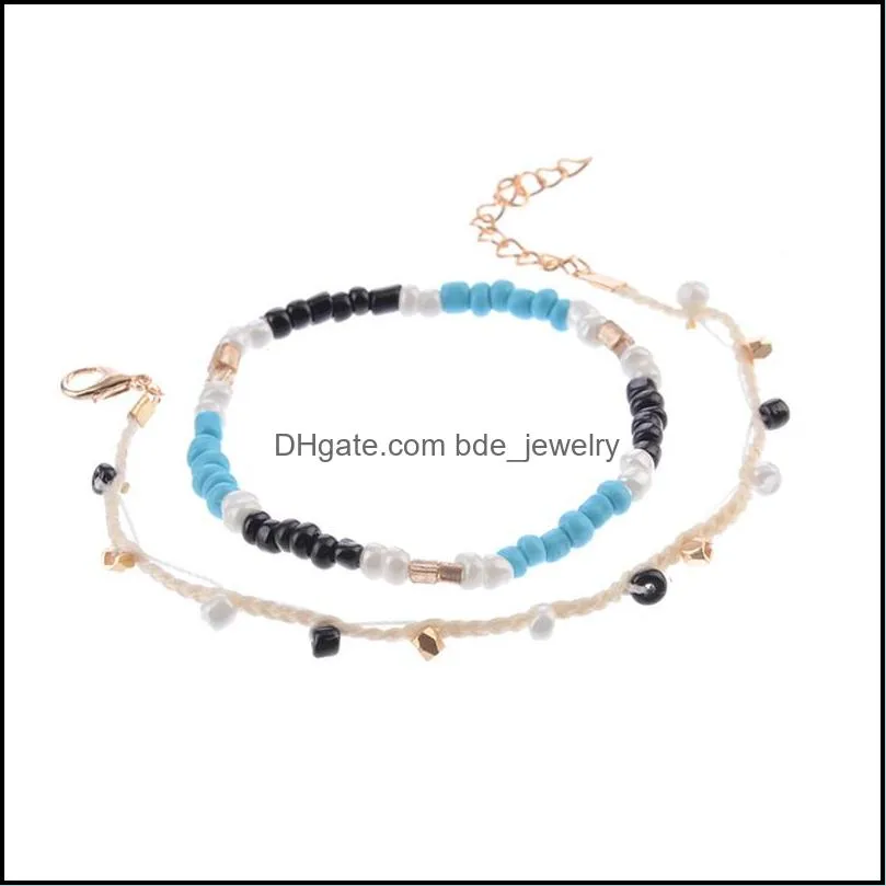 4 pcs set bohemia beach wax rope bracelets set handmade square charms blue seed bead friendship bracelet wax string chain bracelets