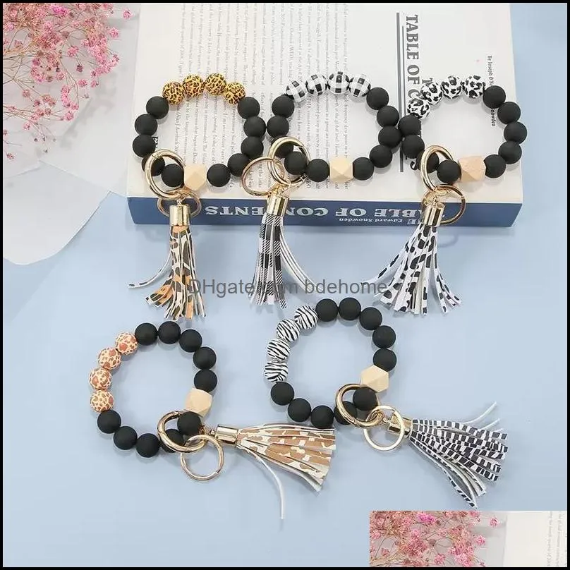 black frosted wooden bead bracelet keychain fashion pattern tassel pendant bracelets women girl keyring wrist strap c3