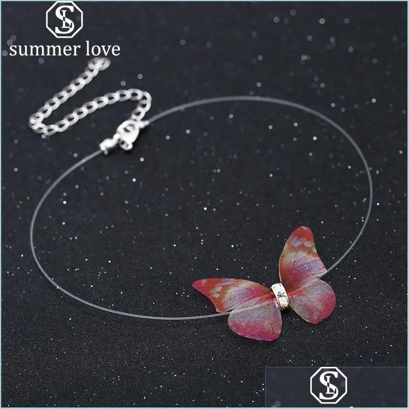2019 elegant crystal colorful 3d butterfly chokers necklace invisible fish line silk necklaces for women gift 3d yarn choker