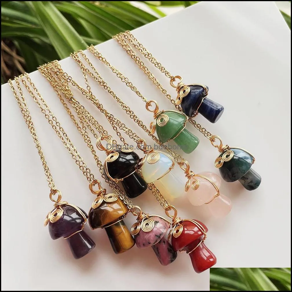 reiki natural stone crystal golden chain cute mascot mushroom pendant necklace amethysts labradorite opal chokers necklace
