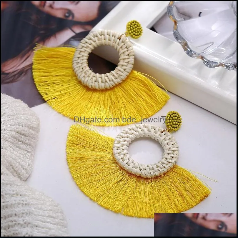 circle fan shaped straw tassel earrings for women straw weave rattan braid tassel earrings dangle earings bohemian jewelry
