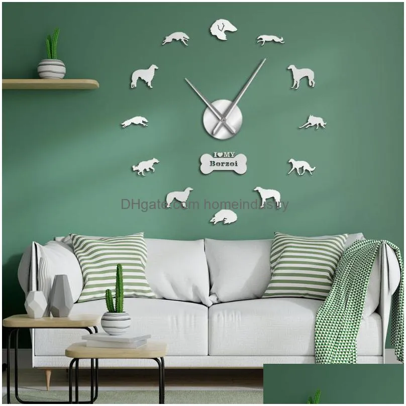 wall clocks 3d borzoi diy mirror stickers numbers mute clock russian wolfhound frameless large watch russkaya psovaya borzaya gift