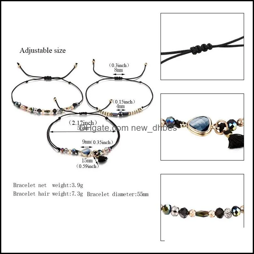 trendy transmit love 3pcs/lot wax bracelet for woman natural stone crystal rice beads woven bracelet with heart shape charm wholesale