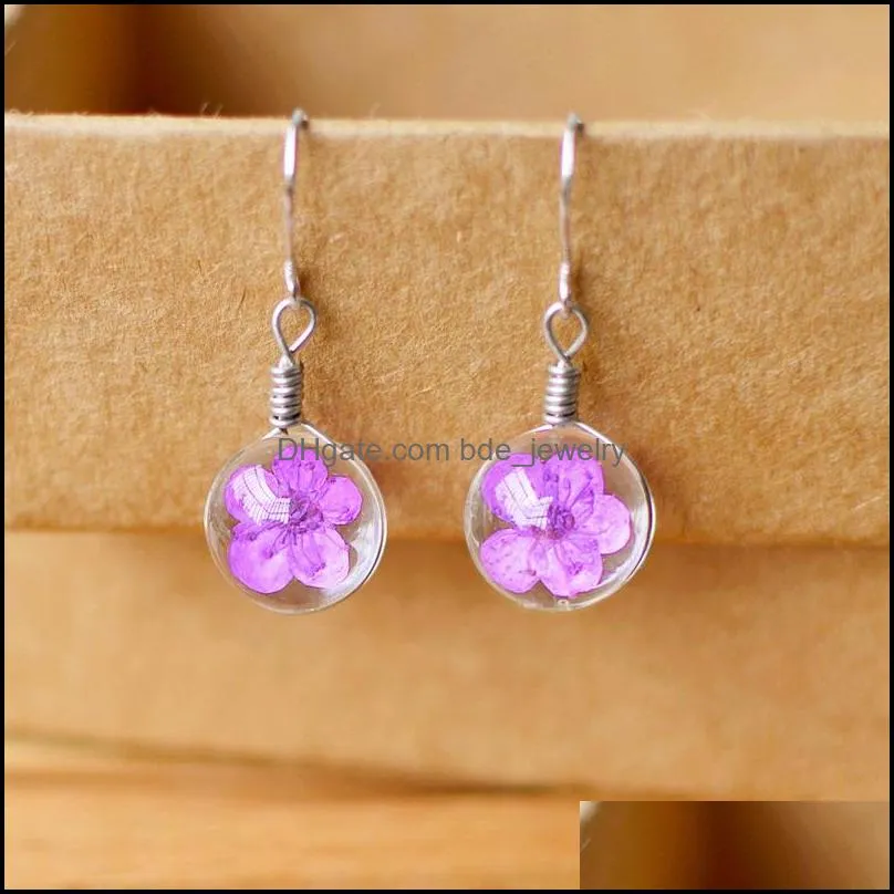 dandelion dried flowers charm earring 6 colors real daffodils flower earrings glass ball pressed dangle earing jewelry gift wholesale