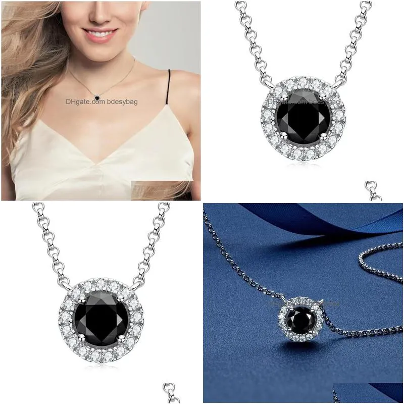 pendant necklaces trendy 925 sterling silver 1ct black color moissanite necklace for women plated white gold 4 prong clavicle