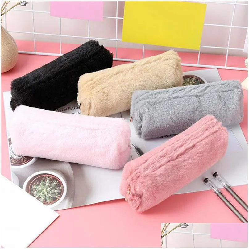 lovely girl plush pencil bag fuzzy fluffy pencil case makeup pouch coin purse storage bag stationery container pouch