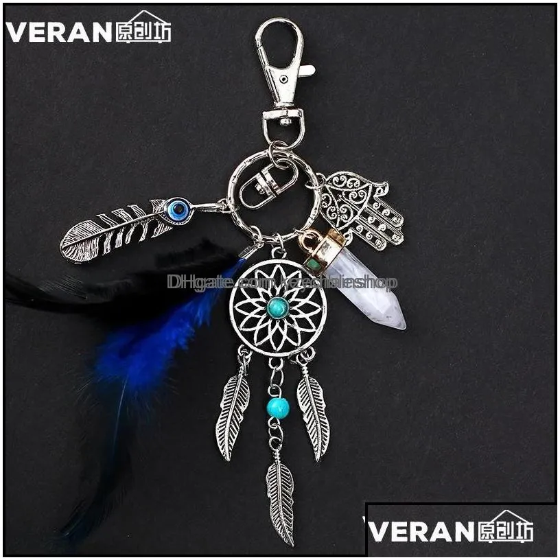 key rings dream catcher keychains blue feather tassel hamsa hand evil eye keyring for wall car hanging decor amet boho jewelry 599 q