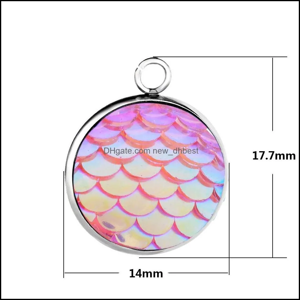 bulk stainless steel 14mm round mermaid scale pendant charm for fashion necklace bracelet earrings jewelry making