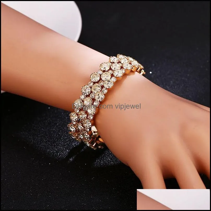 fashion multiple rows crystal adjustable elastic tennis bracelet bangle for women gold silver color wedding bangles jewelry gift